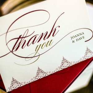 Deep Red Wedding, Winter Wedding Stationery - "Delicate Filigree" Folded Thank You Card with Envelope - DEPOSIT