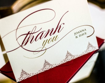 Deep Red Wedding, Winter Wedding Stationery - "Delicate Filigree" Folded Thank You Card with Envelope - DEPOSIT