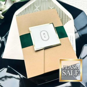 Custom Mid Century Modern Wedding Invitations, Neutral Tan, Gold Foil and Moss Green Invites with Emerald Velvet - Modern Glam PF-1L SAMPLE
