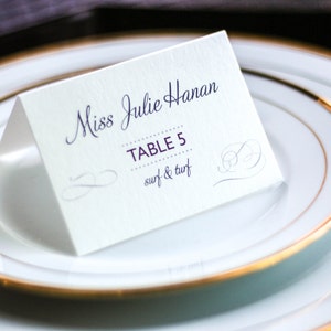 Elegant Event Seating, Purple Wedding Placecards, Dinner Selection Placecards - "Modern Swirl and Flourish" Tented Placecard v2 - DEPOSIT