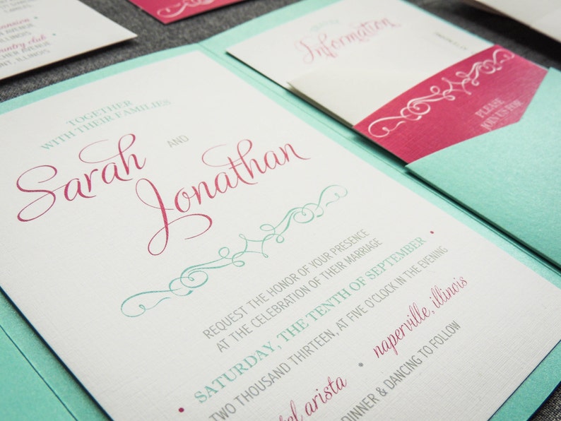 Pink and Mint Invitations Aqua Pocketfold Invitations With Etsy