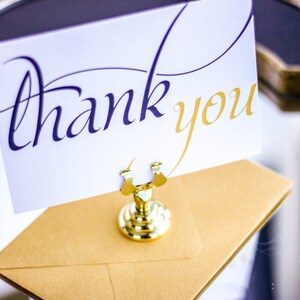 Blue and Gold, Wedding Thank You Note Cards, Calligraphy Thank You, Simple Stationery - "Dramatic Script" Flat Thank You Cards - DEPOSIT
