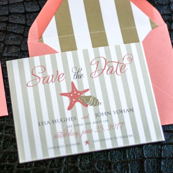 Striped Save the Dates, Coral Save the Date, Beach Wedding Invitations - "Starfish and Shell" Save the Date Card with Envelope - DEPOSIT