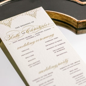 Gold Invitations, Formal Wedding Programs, Indian Programs, Classic and Elegant Programs - &quot;Delicate Filigree&quot; Flat Program - DEPOSIT
