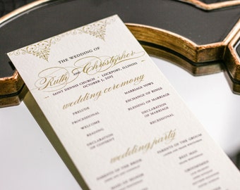 Gold Invitations, Formal Wedding Programs, Indian Programs, Classic and Elegant Programs - "Delicate Filigree" Flat Program - DEPOSIT