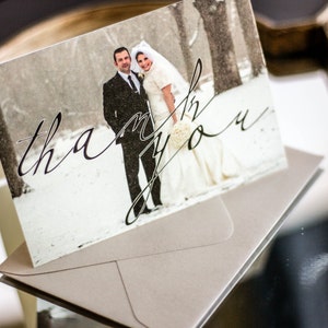 Winter Wedding Thank You, Modern Thank You Stationery, Calligraphy Thank You - "Modern Calligraphy" Folded Photo Thank You Cards - DEPOSIT
