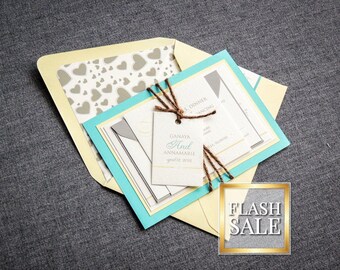 Beach Wedding Invitations, Yellow and Aqua Invitation, Destination Wedding Invites, Layered Invitation - "Romantic Flourish" FP-2L-v3 SAMPLE