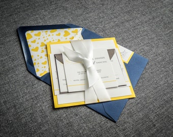 Beach Wedding Invitation, Navy and Yellow, Destination, Nautical Theme, Blue and Yellow Invites - "Romantic Flourish" FP-1L-v2 SAMPLE