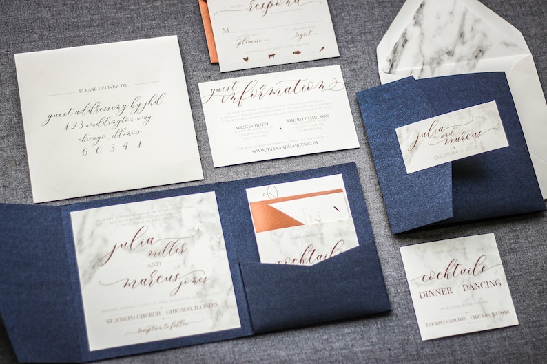 Custom Invitation, Wedding Invitations, Navy Blue Wedding, Modern Marble Blue and Copper Set with Name Tag Modern Elegance PF-NL SAMPLE image 4