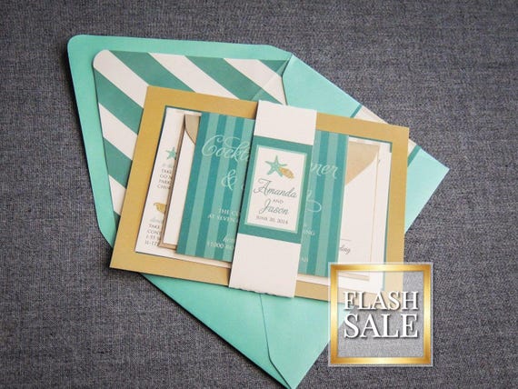 Beach Wedding Invites, Custom Destination Wedding Invitation Belly Band, Affordable Wedding Invitations - "Starfish & Shell" FP-NL-v1 SAMPLE