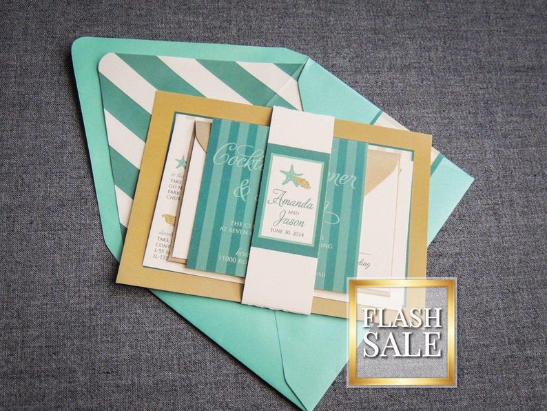 May include: A teal and gold wedding invitation with a striped pattern and the text "Cocktail & Dinner" and "Amanda and Jason June 28, 2014".
