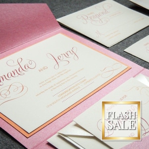 Tropical Wedding Invitations, Summer Wedding Invitation, Pink and Orange Invites, Pocket Fold - &quot;Modern Swirl & Flourish&quot; PF-1L-v3 - SAMPLE