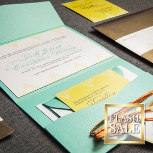 Destination Pocket Fold Wedding Invitation, Beach Wedding Invites, Printed Wedding Invitation - &quot;Delicate Filigree&quot; PF-NL-v3 SAMPLE