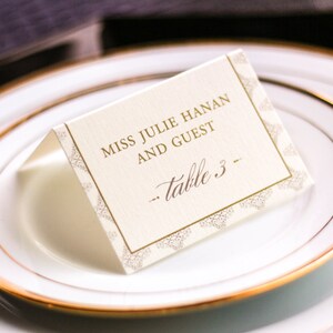 Gold Placecards, Wedding Placecards, Elegant Event Seating, Dinner Placecards, Holiday - "Delicate Filigree" Tented Placecard v4 - DEPOSIT