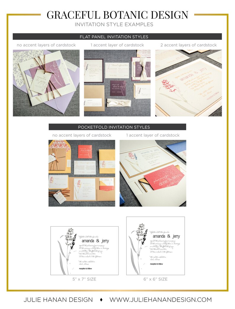 Puede incluir: Una gu&iacute;a de diferentes estilos de invitaciones para bodas, con ilustraciones bot&aacute;nicas. Los estilos incluyen invitaciones de panel plano y de bolsillo, con opciones para ninguna capa de acento, una capa de acento o dos capas de acento de cartulina. Las invitaciones est&aacute;n disponibles en dos tama&ntilde;os: 12,7 cm por 17,8 cm y 15,2 cm por 15,2 cm.