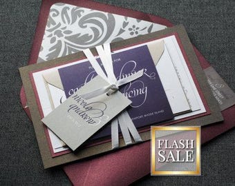 Burgundy Wedding Invitations, Luxury Wedding Invitation, Layered Invite, Purple Custom Stationery | Sample of &quot;Dramatic Script&quot; Design