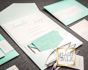Destination Wedding Invitations, Mint Wedding Invitations, Turquoise Invite Suite, Custom Invite - "Modern Swirl & Flourish" PF-NL-v1 SAMPLE