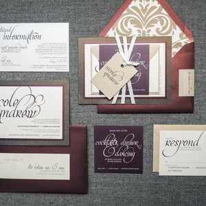 Burgundy Wedding Invitations, Luxury Wedding Invitation, Layered Invite, Purple Calligraphy Invitations Dramatic Script FP-2L-v1 SAMPLE image 3