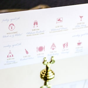 Dusty Rose, Serenity, colore Pantone dell'anno, biglietto di benvenuto, cronologia di nozze o eventi - Itinerario del fine settimana "Romantic Flourish" - DEPOSITO
