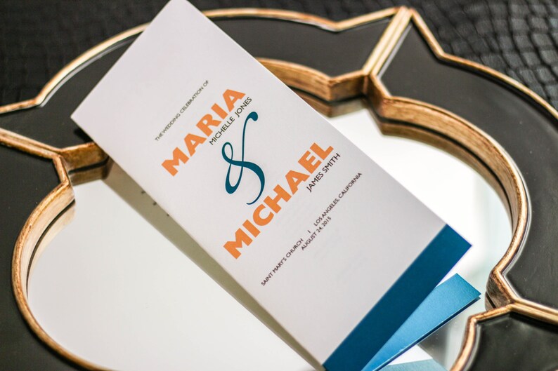 Ceremony Programs, Folded Booklet Programs, Modern Mitzvah Programs, Teal and Orange Party Theme Bold Striped Booklet Program DEPOSIT image 1