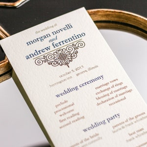 European Wedding Programs, Rusic Wedding Programs, Traditional Programs, Brown and Blue Wedding - &quot;European Scroll&quot; Flat Program - DEPOSIT