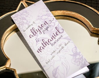 Bat Mitzvah Program, Floral Wedding Ceremony Booklet Program, Purple Mitzvah Service Ideas - "Playful Calligraphy" Booklet Program - DEPOSIT