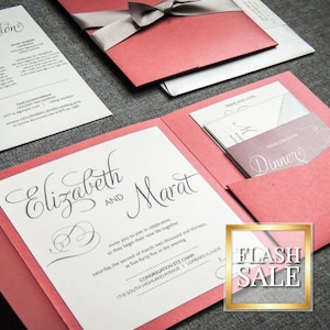 Marsala Wedding Invitations, Red and Black Wedding Invitation with Ribbon, Pocket Fold Invites - "Modern Swirl & Flourish" PF-NL-v2 SAMPLE