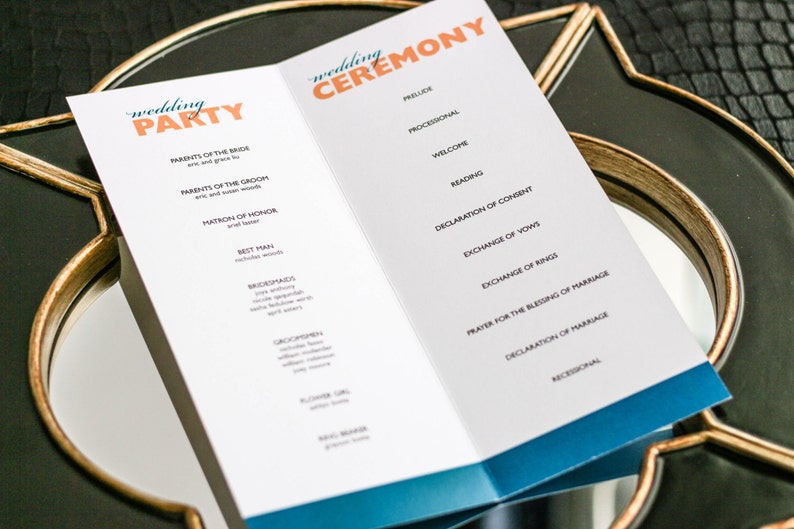 Ceremony Programs, Folded Booklet Programs, Modern Mitzvah Programs, Teal and Orange Party Theme Bold Striped Booklet Program DEPOSIT image 2