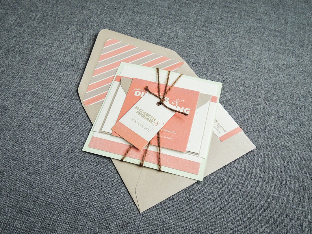 Coral and Mint Wedding Invitation, Modern Rustic Wedding Invitations, Pastel Invitations, Square ...