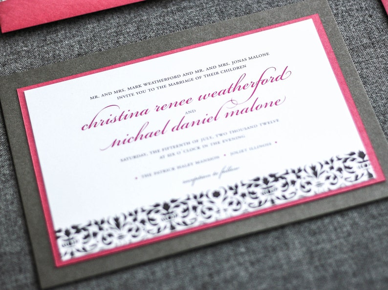 Black and Pink Invitations, Classic Wedding Invitation with Ribbon, Custom Wedding Invitation Suite Elegant Damask FP-2L SAMPLE image 2