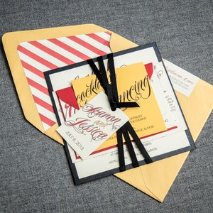 Carnival Party Invitation,  Red and Yellow Invitation, Birthday Party Invites, Blackhawks Invitation - "Sweeping Script" FP-1L-v2 SAMPLE