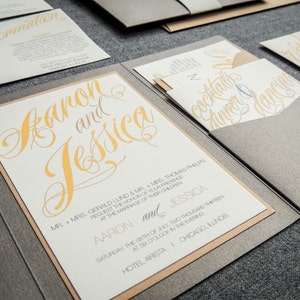 Yellow and Grey Invitations, Modern Wedding Invitations, Rustic Wedding Invites, Industrial Wedding Set - "Sweeping Script" PF-1L-v3 SAMPLE