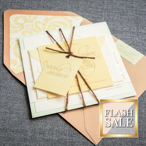 Kraft Wedding Invitations, Yellow Rustic Wedding, Vintage Invitation Suite, Rustic Invitation With Twine - &quot;Dramatic Script&quot; FP-1L-v2 SAMPLE