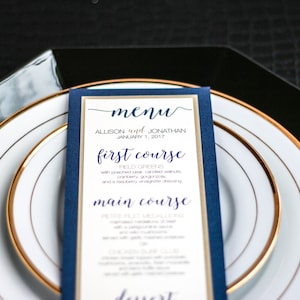 Navy Blue and Gold Wedding, Wedding Menu, Gold Wedding, Table Settings, Modern Menu - &quot;Whimsical Calligraphy&quot; Flat Menu, 2 Layers - DEPOSIT