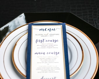 Navy Blue and Gold Wedding, Wedding Menu, Gold Wedding, Table Settings, Modern Menu - "Whimsical Calligraphy" Flat Menu, 2 Layers - DEPOSIT