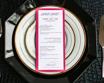 Dinner Menu, Reception Menus, Elegant Menu, Classic Wedding, Romantic, Black and Pink - "Classic Romance" Flat Menu, 1 Layer - DEPOSIT