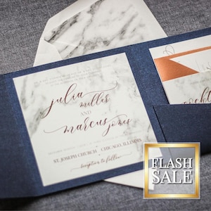 Custom Invitation, Wedding Invitations, Navy Blue Wedding, Modern Marble Blue and Copper Set with Name Tag - Modern Elegance PF-NL SAMPLE