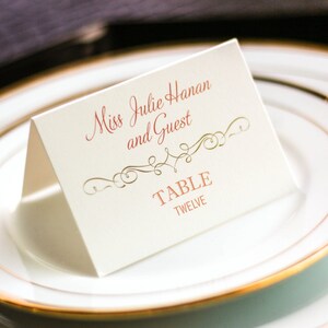 Coral and Gold Place Card, Wedding Placecards, Dinner Placecards, Special Event Seating - "Enchanting Vintage" Tented Placecard v4 - DEPOSIT