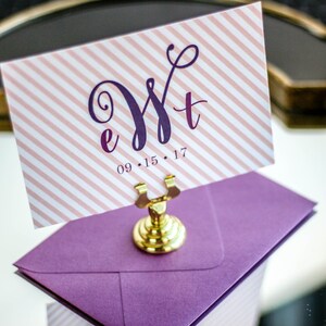 Pink and Purple Thank You, Monogram Stationery, Chic Stationery, Stripe Notecard - &quot;Calligraphy Chic&quot; Flat Personalized Stationery - DEPOSIT