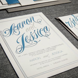 Teal Wedding Invitation, Modern Wedding Invites, Blue and Grey Invitations, Bday Party Invitation Suite - "Sweeping Script" FP-2L-v1 SAMPLE