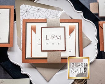 Elegant Loft Wedding Invitation Suite, Copper & Rose Gold Layered Invites, Art Deco Diamond Liner | Sample of "Timeless Elegance" Design