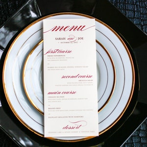 Elegant Dinner Menu, Red and Gold Wedding Stationery, Calligraphy Christmas Wedding Menu - "Classic Romance" Flat Menu, No Layers - DEPOSIT