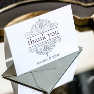 Wedding Thank Yous, Monogram Thank You, Scroll Design, Eggplant and Grey - "European Scroll" Folded Thank You Card with Envelope - DEPOSIT
