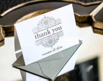 Wedding Thank Yous, Monogram Thank You, Scroll Design, Eggplant and Grey - "European Scroll" Folded Thank You Card with Envelope - DEPOSIT