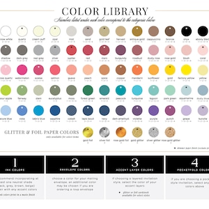 May include: A chart with color swatches for ink, envelope, accent layer, and pocketfold colors. The chart includes a variety of colors, including snow white, quartz, cream puff, opal, mist, sand, gold leaf, harvest, antique gold, cappuccino, bronze, onyx, ebony black, shadow, dark grey, real grey, silver, jupiter, red, mars, burgundy, rosebud, dusty rose, rose gold, blush, coral, rose quartz, watermelon, azalea, salmon, guava, peach, spice, copper, mandarin, sunflower, gold, factory yellow, yellow, sour apple, fairway, stern, eucalyptus, moss, forest green, emerald, peacock, turquoise, lagoon, park green, aquamarine, dusty blue, azure blue, vista, tabriz blue, sapphire, cobalt, lapis lazuli, navy, dark amethyst, violette, purple, punch, grape, kunzite, gold foil, silver foil, rose gold foil, gold glitter, silver glitter, rose gold glitter. The chart also includes the text "Color Library" and "Glitter & Foil Paper Colors".