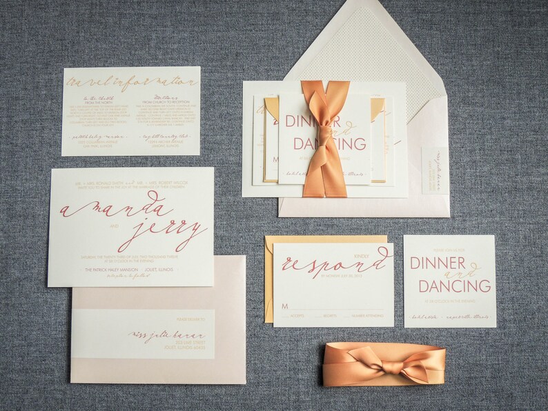 May include: Wedding invitation suite with a peach and gold color scheme. The invitation features the names "Amanda and Jerry" in a cursive script. The RSVP card has the word "respond" in cursive script. The reception card has the text "Dinner and Dancing" in a bold font.