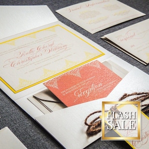 Yellow and Coral Wedding Invitation, Destination Invitations with Twine, Elegant Wedding Invitations - &quot;Delicate Filigreee&quot; PF-1L-v1 SAMPLE