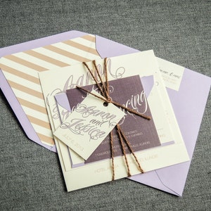 Purple Wedding Invitation, Modern Rustic Invites, Lilac Wedding Invitation, Twine Invitations, Custom - "Sweeping Script" FP-NL-v2 SAMPLE