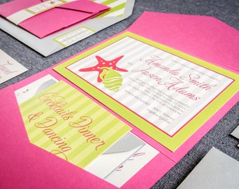 Pink and Lime Green Wedding Invitations, Beach Wedding Invites, Preppy and Chic - "Starfish & Shell" PF-NL-v1 SAMPLE