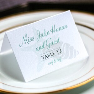 Teal, Mint Green and Grey Event Placecards, Beach Wedding Reception, Seashell Placecard - "Starfish and Shell" Tented Placecard v1 - DEPOSIT